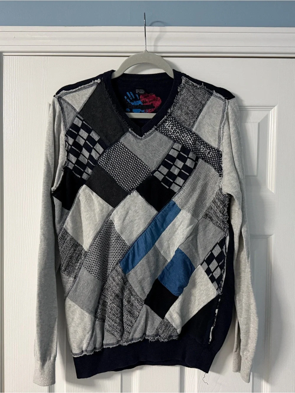 Desigual Men's Patchwork V-Neck Sweater in Gray, Navy and Blue